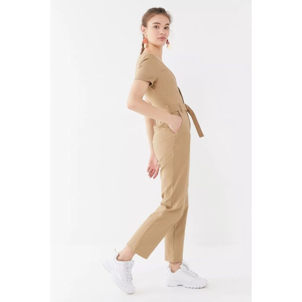Tiger Mist Phillipa Plunging Belted Short Sleeve Jumpsuit in Tan - Size M
